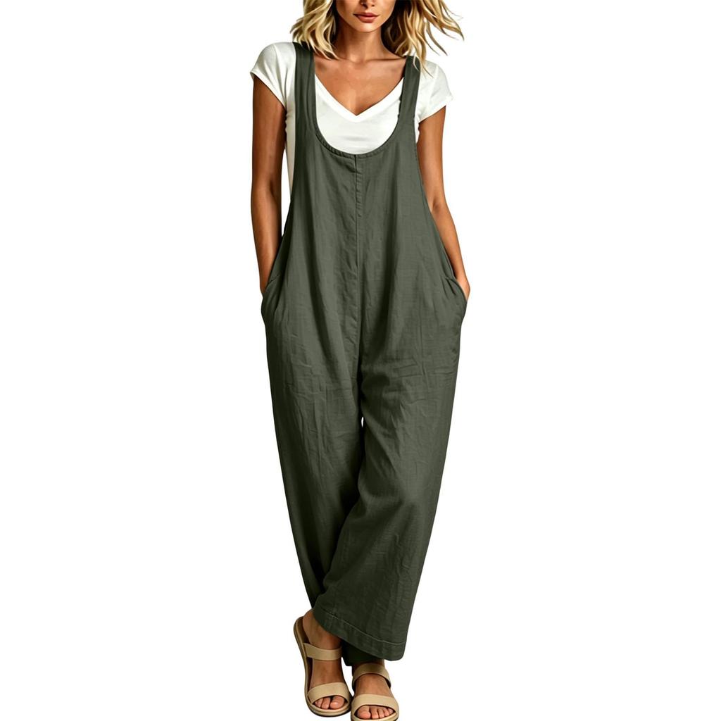 Damen Freizeit Ärmelloser Lockerer Jumpsuit mit Weiter Beinen und Taschen für den Alltag