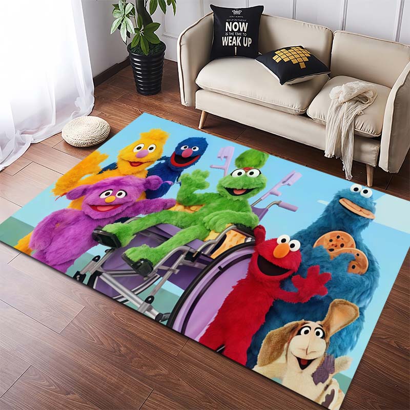 Sesame Street Elmo Black Background Logo Cartoon Print Anti-slip Area Rug Living Room Bedroom Decor Floor Mat For Cartoon Fans