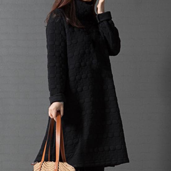 Lady Dress Solid Color Stand Collar Casual Loose Knee Length Winter Dress for