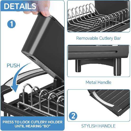Simple Trending Small Dish Drying Rack, Compact Expandable Dish Rack with Cutlery Holder, Sink Dish Drainer for Kitchen Countertop, Black