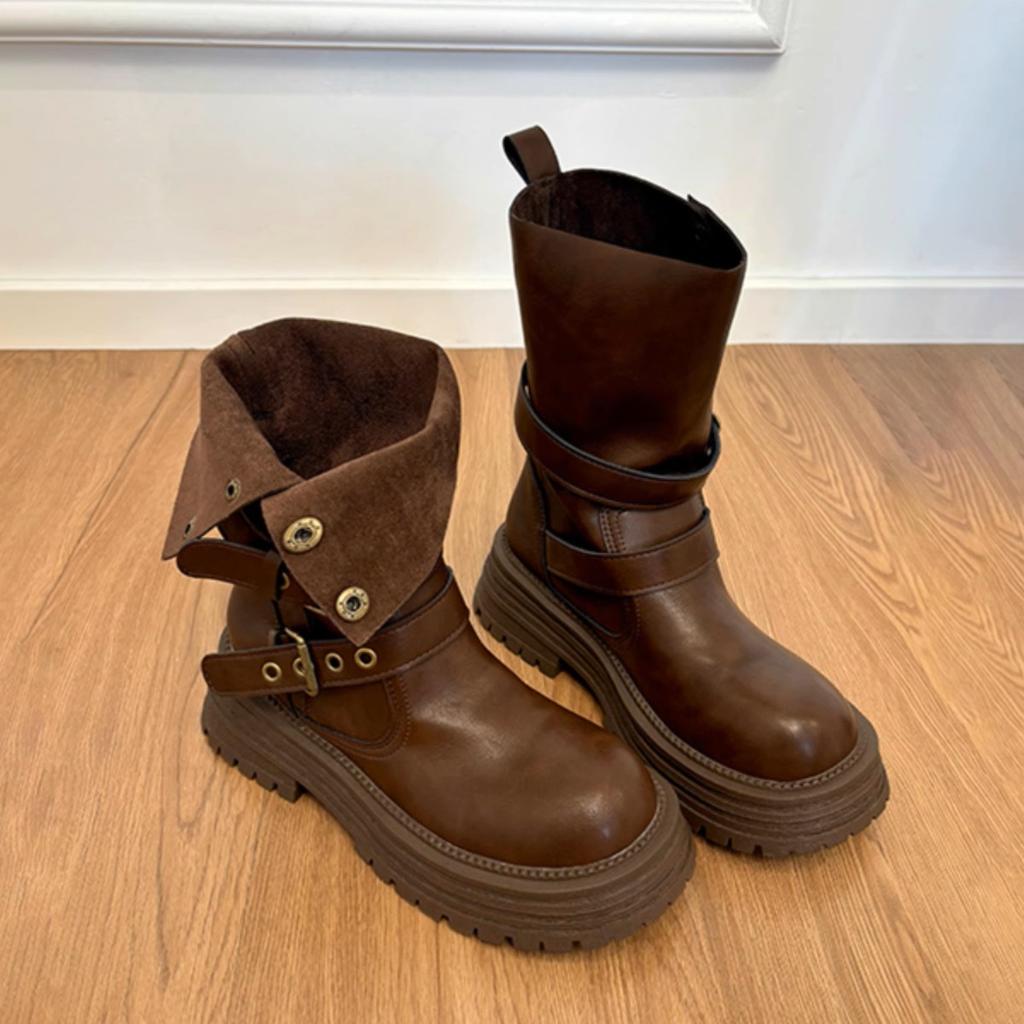 Cowhide Edition~ 2025 Thick-soled Maillard Medium Boots Women's 2025 New British Retro Brown Martin Boots