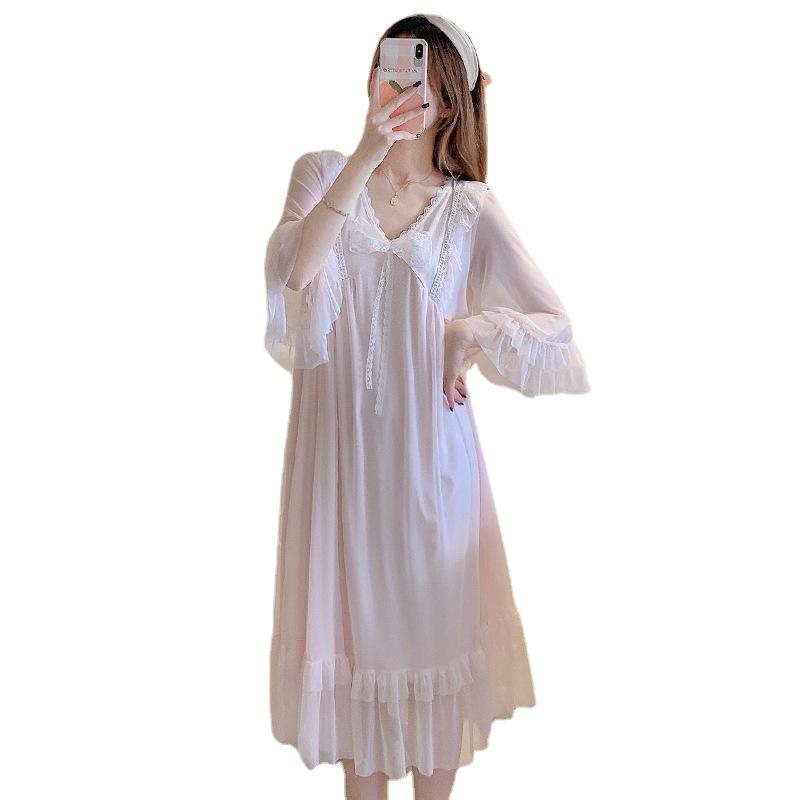 Short-Sleeved Mesh Lace Long Nightdress Summer Court Style Princess Pajamas Women'S Bow Loungewear With Chest Pad