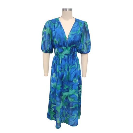 Damen Sommer V-Ausschnitt Maxikleid Lässiges Boho Blumenmuster Lange Kleider Kurze Puffärmel Fließendes Strandkleid Hochzeitsgästekleid