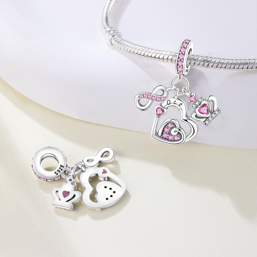 Copper Colorful Month Heart Zircon Birthday Stone Charms Beads Pendant For Original Bracelet Woman Girl Jewelry