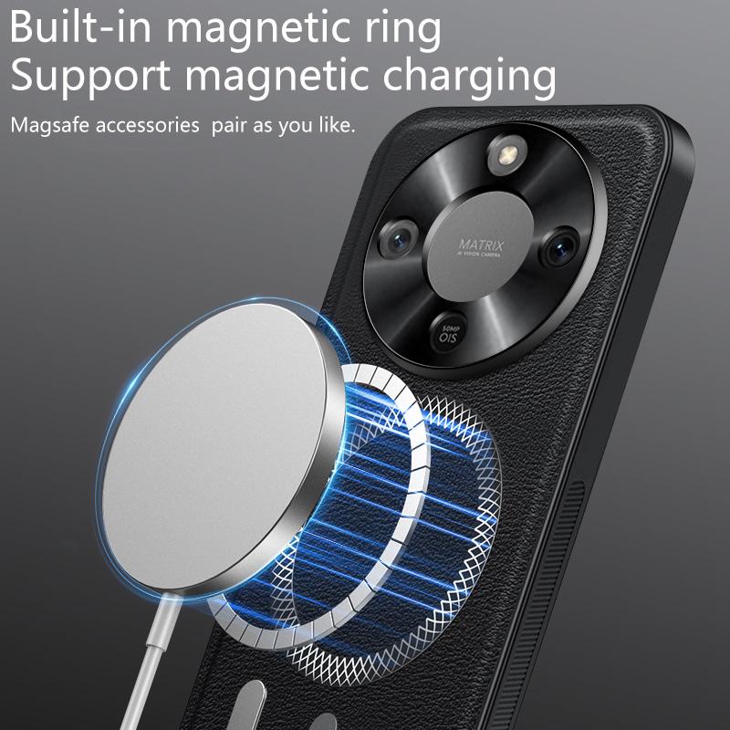 Luxusní PU kožené pouzdro na telefon pro Honor X70 Magsafe Kovový kroužek Magnetická přitažlivost Ochrana objektivu Odolný Nárazuvzdorný kryt