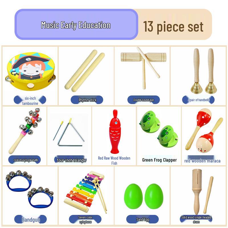 Children's Orff Percussion Instruments: Triangle, Castanets, Maracas, Tambourine, Wood Block, Cymbals