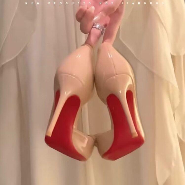 Pointed temperament single nude high heels red bottom bow patent leather side empty mouth sexy side empty socialite looking thin