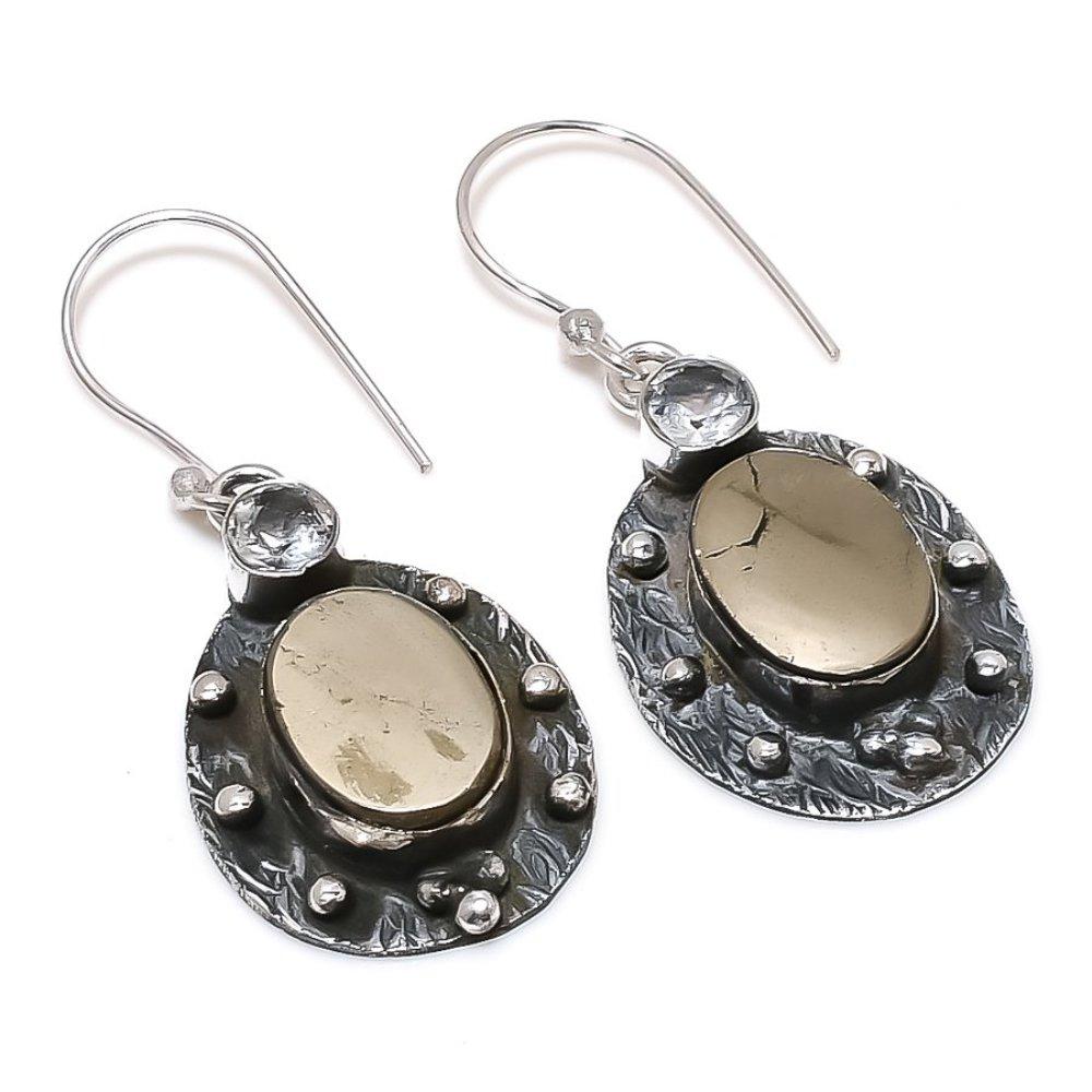 

Серьги из стерлингового серебра 925 пробы с натуральным пиритовым агатом и белым топазом, 1,85 дюйма, v0p76