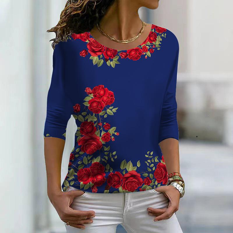 Women Autumn Tops Rose with Thorns Print Causal Long Sleeve T-shirt Top Blouse