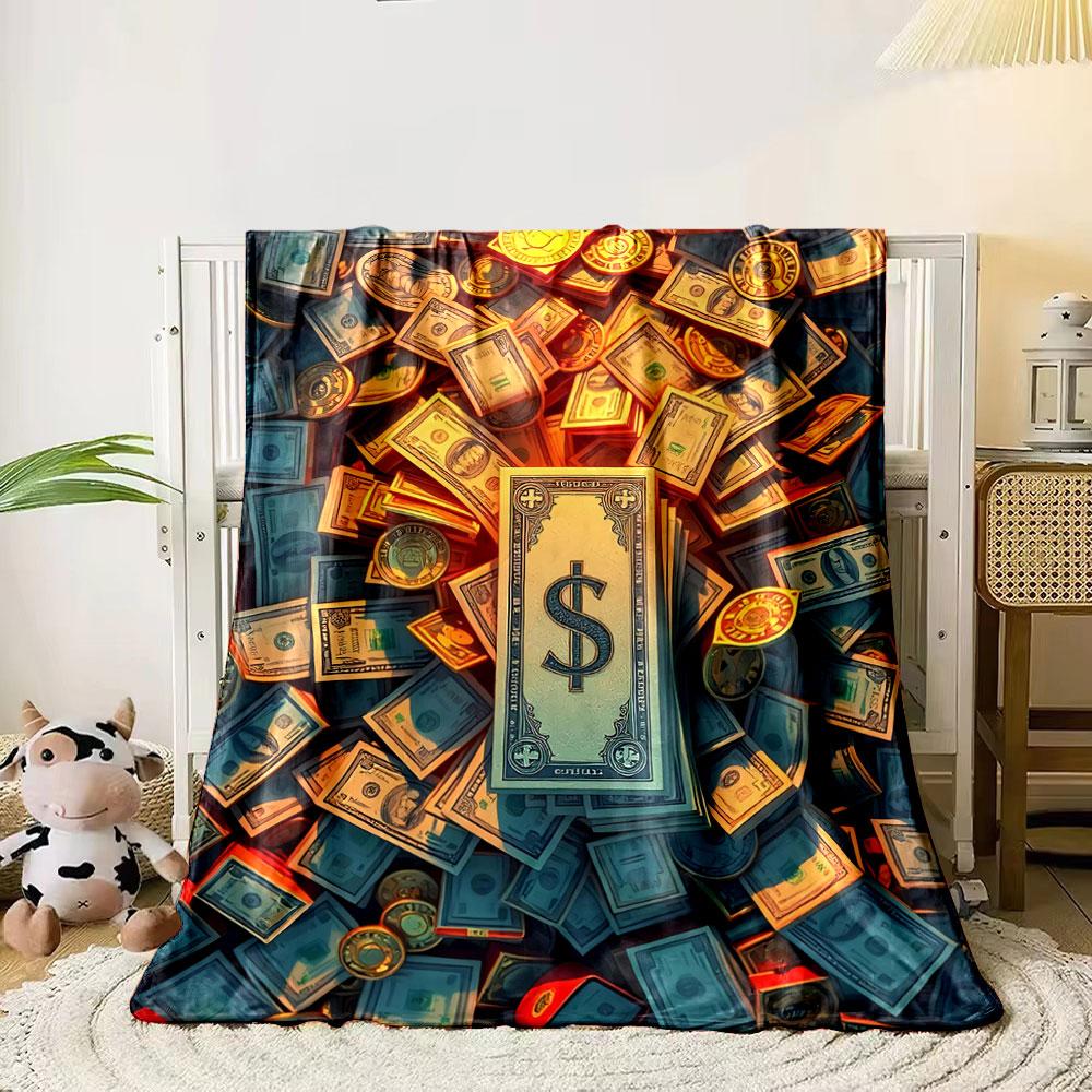 A vibrant, piled arrangement of dollar bills and gold coins in warm tones. for all seasons blanket lunch break throw gift 80cm x 120cm