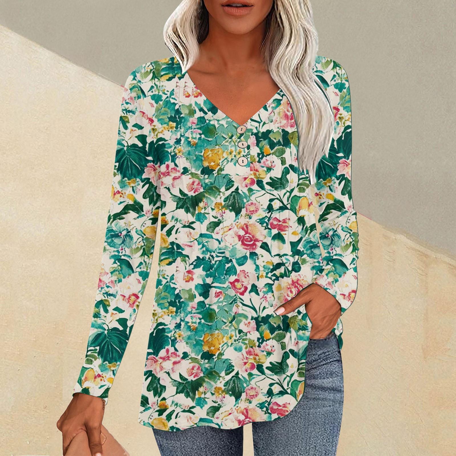 

Women s Fashion Casual Pleated V-Neck Plant Print Long Sleeve T-Shirt Top L