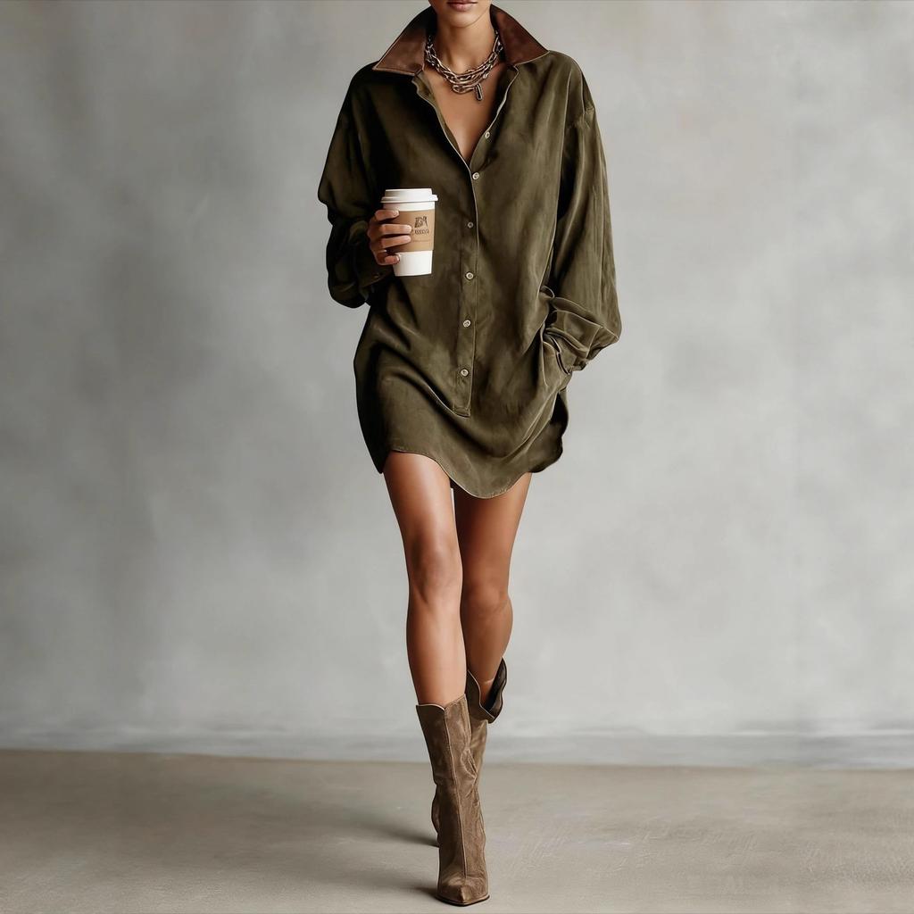 Women Suede Oversized Shirt Dress Collared Neck Casual Loose Fit Mini Dress with Contrast Details
