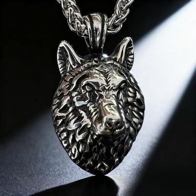 HNSP 316L Stainless Steel Viking Wolf Head Pendant Necklace For Men Punk Gothic Accessories