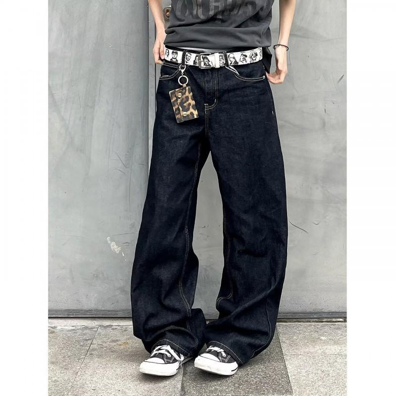 Herren Schwarze Retro Locker Geschnittene Gerade Bein Jeans Hoher Bund Breite Lässige Jeans