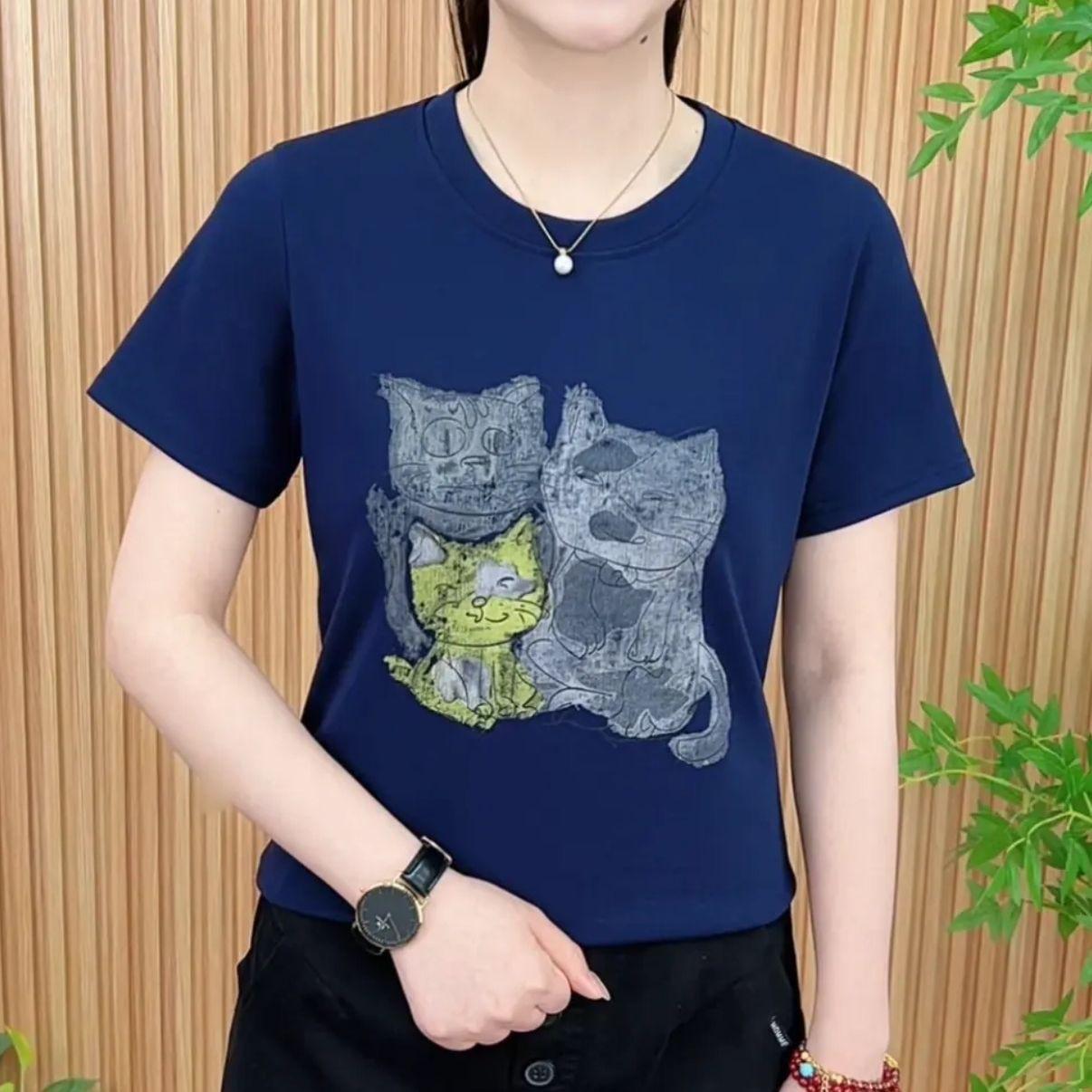 

Summer explosion, belly cover explosion, good-looking printed versatile top, women s simple T-shirt, versatile loose 4XL Темно-синій