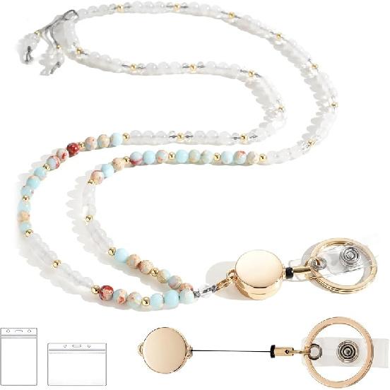 Retractable Lanyards for ID Badges and Keys, Beaded Lanyards for Women Natural Stone, Teacher Lanyard High-Performance Cute Lanyard Morganite