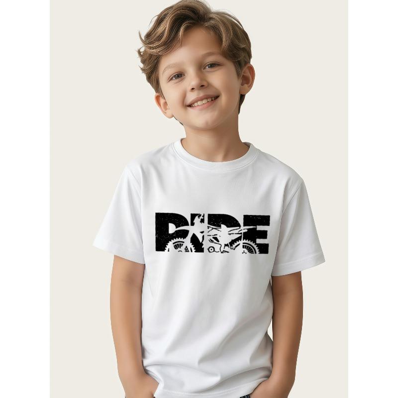 Boys Crewneck Short Sleeve Tee, Motocross Mountain Bike Cycling Print Versatile Outdoor Top for Bike Lovers 110