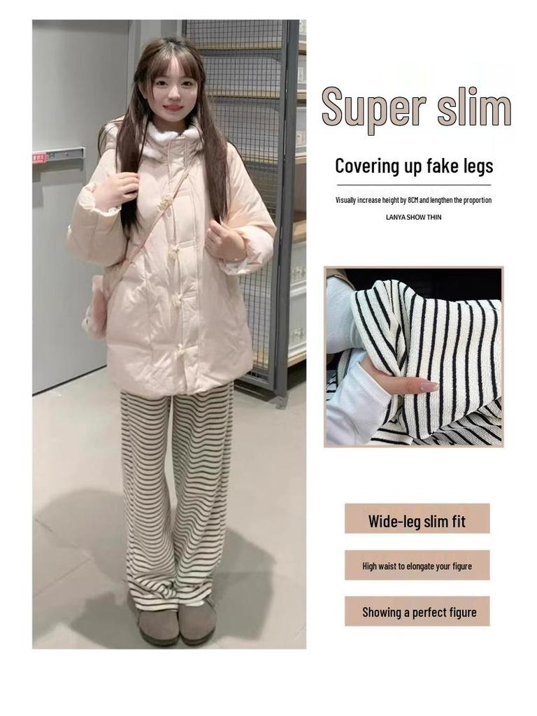 Lazy Style Black & White Striped Fleece-Lined Wide-Leg Pants: Petite-Figure Flattering, Autumn/Winter Casual Floor-Length Design