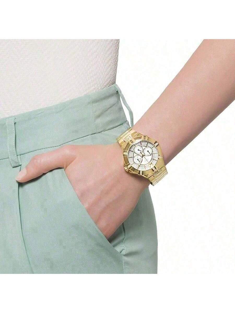 

Часы для женщин 1 шт. Часы Vista Quartz женские, 40 мм, Инкрустированный кристаллами циферблат цвета слоновой кости, Серебристый стальной браслет, Нарядные и повседневные W13573L1