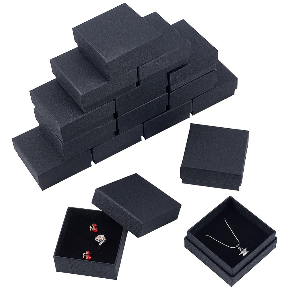 1set Texture Paper Jewelry Gift Boxes with Sponge Mat Inside Square Black 9.1x9.1x2.9cm Inner Diameter: 8.5x8.5cm Deep: 2.6cm 16pcs/set