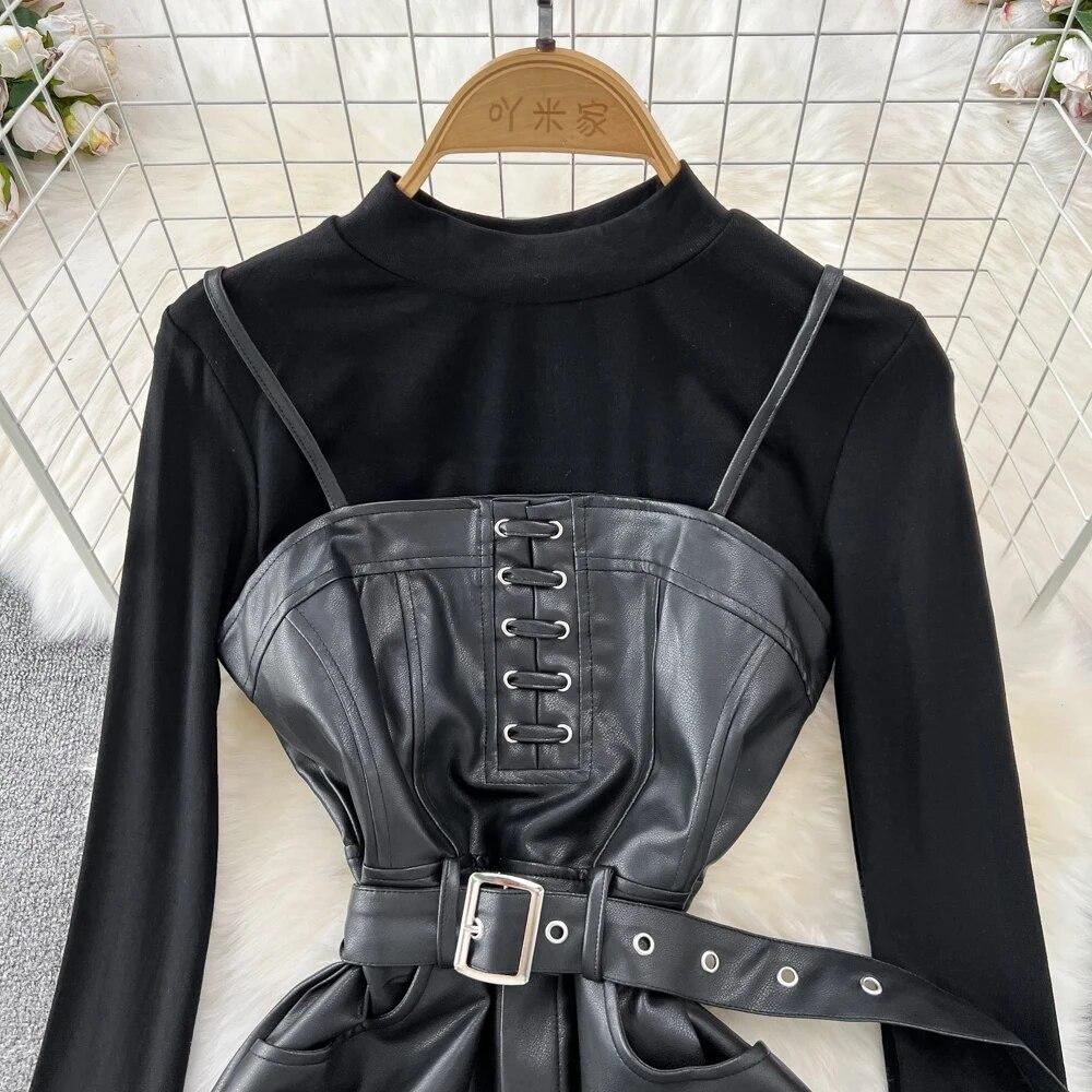 New Spring Women Long Sleeve Blouse Tops and Spaghetti Strap Faux Leather Slim Bodycon Pencil Dress Two Piece Set