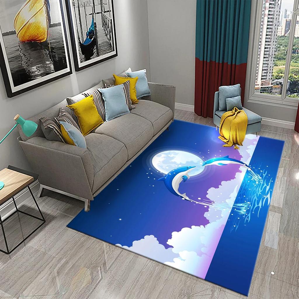 Cartoon Dolphin Carpet Cute Marine Animal Rug for Kid Bedroom Carpet Children Play Crawling Mat Bathroom Non-slip Mat Home Decor