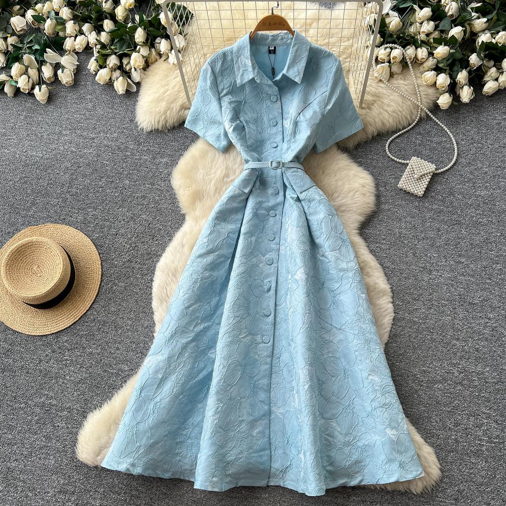 Elegant temperament lapel short sleeve temperament dress women's summer waist thin A-shaped skirt commuter temperament dress