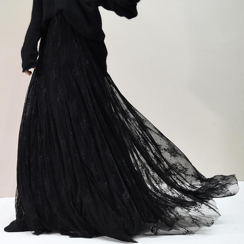 Women's Chiffon Maxi Skirts Lace Elastic High Waist Pleated A-Line Flowy Swing Maxi Skirts for Party Dance Soft Double Layer Maxi Skirts for Women