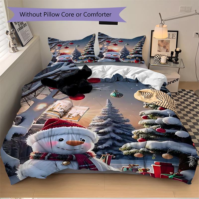 3pcs Christmas Snowman Bedding Set - Includes One Quilt Cover and Two Pillowcases (No Core) - Festive Decorative Duvet Cover Set with Anime Cartoon De