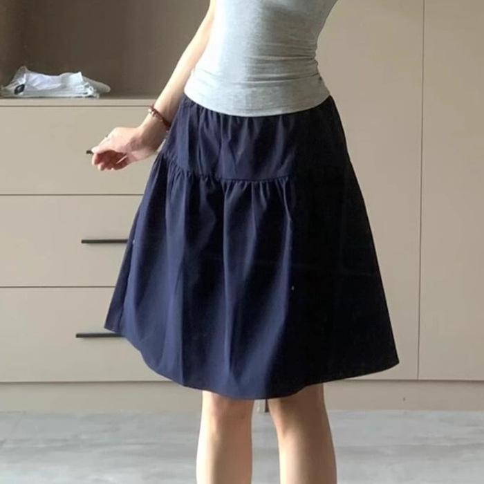 Jupe Midi Trapèze Style Preppy Bleu Marine - Taille Haute Rétro pour Printemps/Été 2025