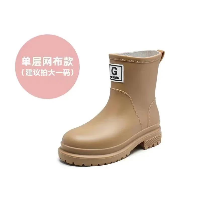 New Windproof Rain Boots Women Leather Mid-calf Rainboots Fashion Elastic Band Rain Shoe Ladies Cotton Waterproof Work Boot2025