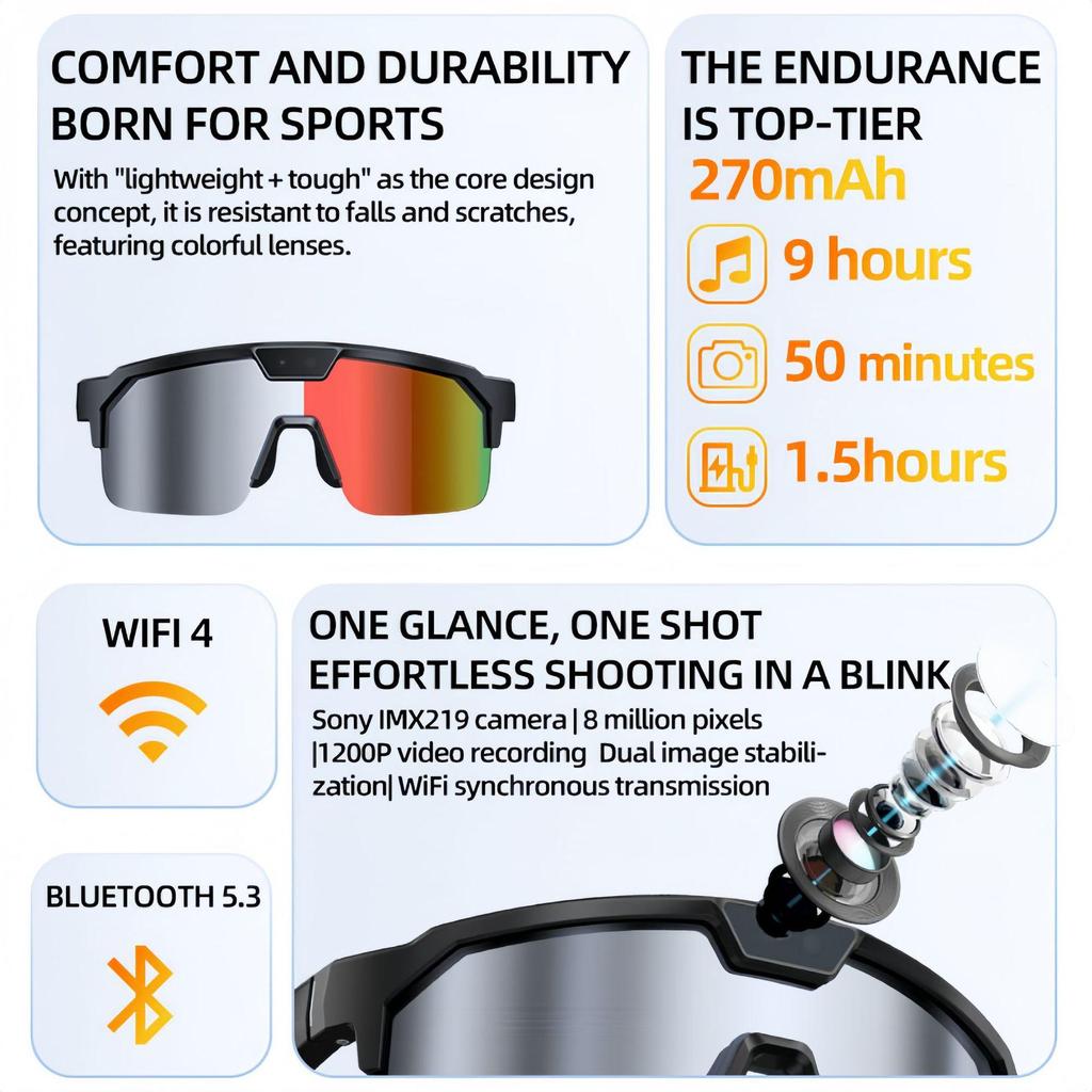 Q01 AI Smart Glasses with UV Protection: Photochromic Lenses, 800W Photo/Video, Image Stabilization, Call Function for Outdoor Sports