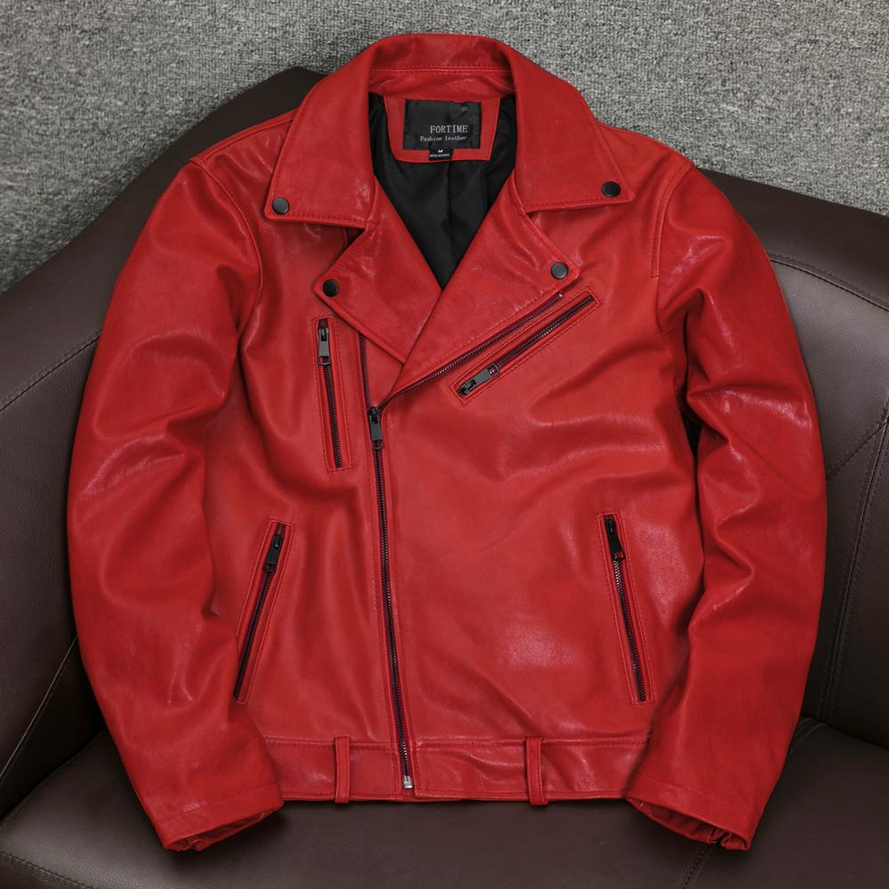 New Genuine Sheepskin Leather Jacket Men Slim Fit Korean Style Red Biker Coat