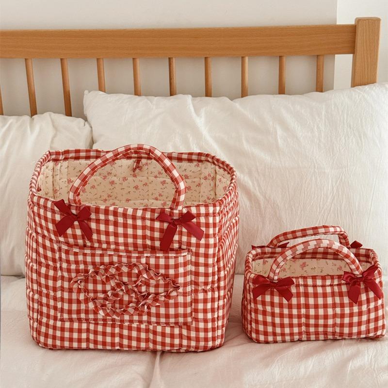 Portable Home Storage Basket Foldable Red Grid Organizers Basket with Handle for Snack Clothes Toys Storage Basket Ins Handbag