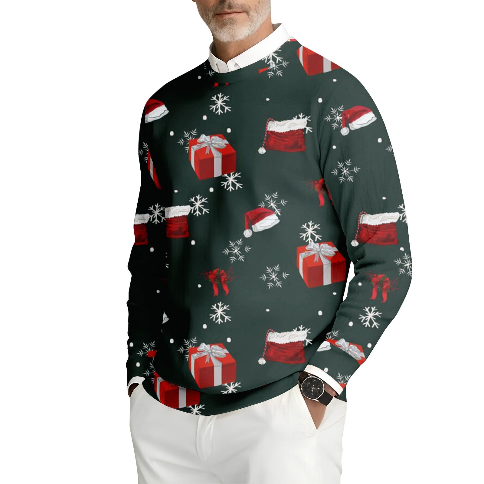 

Мужской свитер с принтом, круглым вырезом, длинными рукавами и рубчатой вязкой L