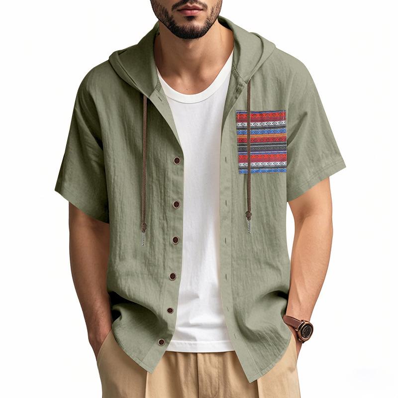 Summer Men's Lightweight Pocketed Breathable Linen Loose-Fit Hooded Cardigan Short-Sleeved Shirt