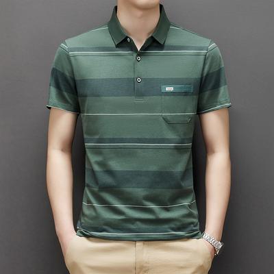 Cotton Washed Striped Short-sleeved T-shirt for Dad Middle-aged and Elderly Men Lapel Casual Business Polo Shirt