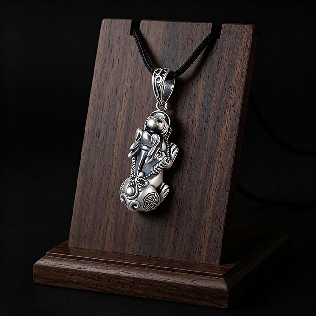 Silver Ruyi Pixiu Pendant, Unisex Braided Rope Necklace, Pikachu Sweater Chain Pendant, Vintage Ethnic Style Wear Accessory