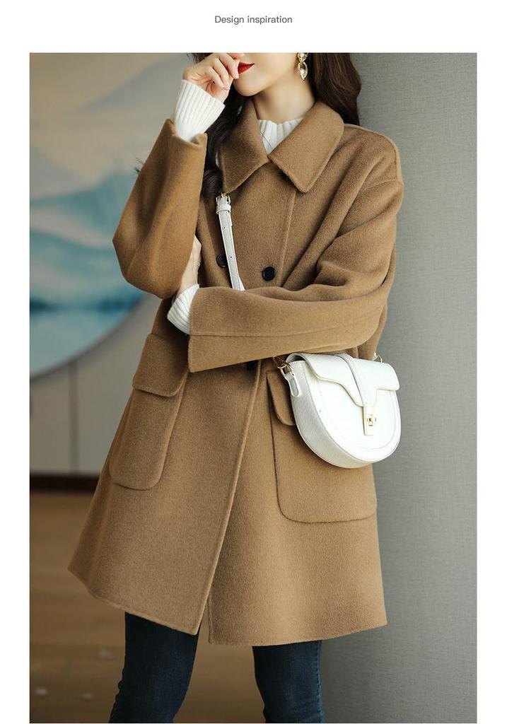 Women's Coffee Wool Coat - 2025 Autumn/Winter, Thickened, Korean Style, Slim Fit, Medium-Long