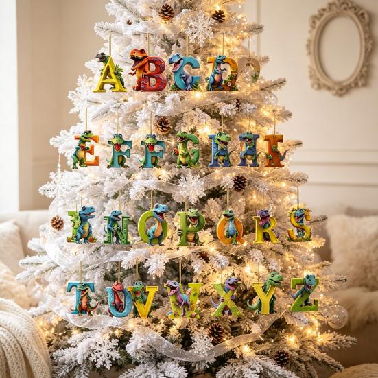 Creative Christmas Stocking Stuffers 26 Letters Cartoon Dinosaur Advent Calendar, 2D Acrylic Dino Figures Countdown Calendar with Pendants Ornaments,