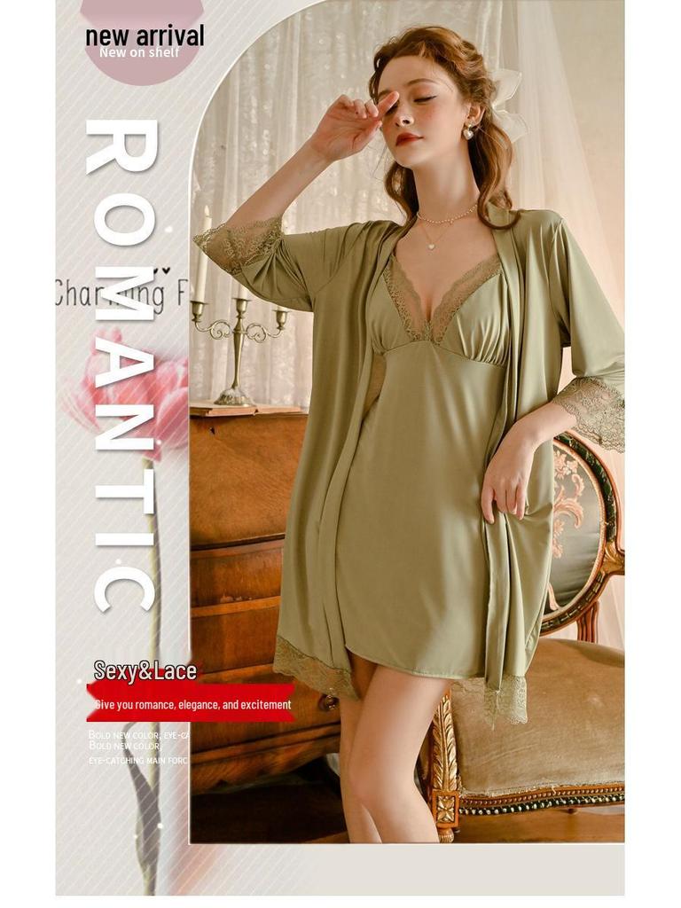 Sheer Lace Lingerie Set: French Desire Nightdress with Quick-Release Suspender & Forbidden Robe