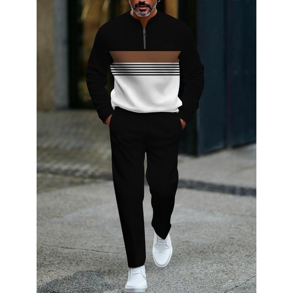 Spring Autumn 3D Printed Fashion Streetwear Men's Long-Sleeved Sets Half-Zipper Stand-Up Collar Men's Casual Sportswear Two-Piece set