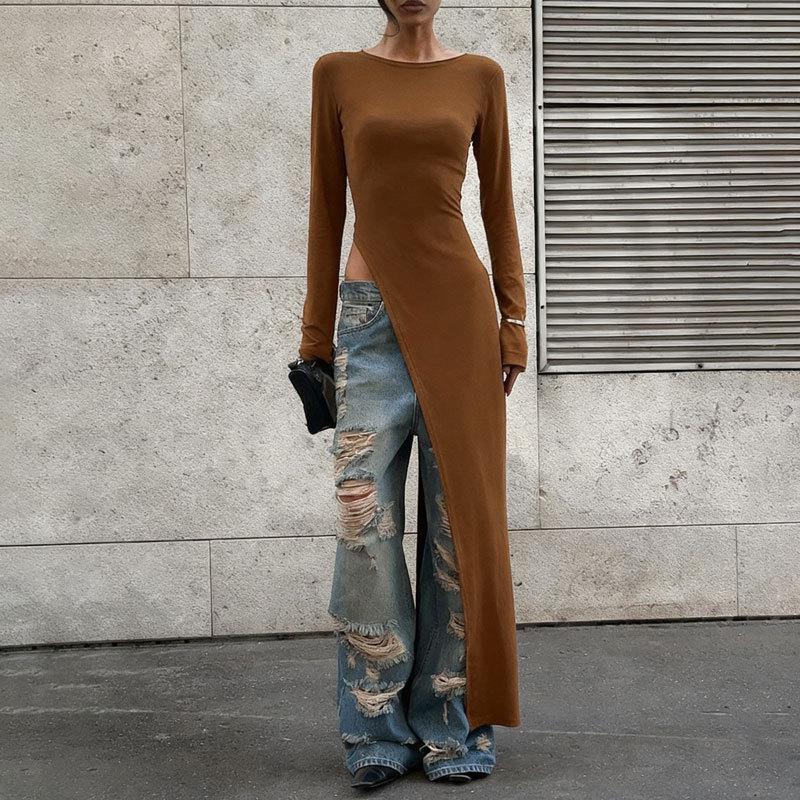

2026 Modern European & American Women s Solid Color Slit Dress - Spring/Autumn Fashion, Round Neck, Long Sleeve Medium коричневый