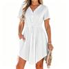 Women Short Sleeve Button Down V Neck Casual Mini Dress with Adjustable Waist Drawstring and Pockets for Daily Wear