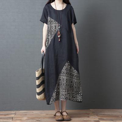 Robe d'été artistique ample à empiècements imprimée en coton chanvre à col rond et manches courtes pour femmes