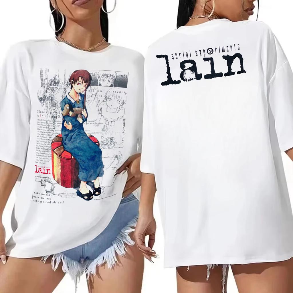 Unisex Baumwoll-T-Shirt mit Serial Experiments Lain Anime-Print, Japanische Manga Urban Fashion Harajuku Y2K Streetwear Bequemes T-Shirt für Damen und Herren