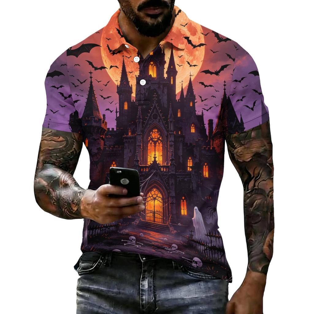 Men's Halloween Print Vintage Texture Short Sleeve Polo Shirt Loose Breathable Summer Sports Street Casual Daily Wear Top