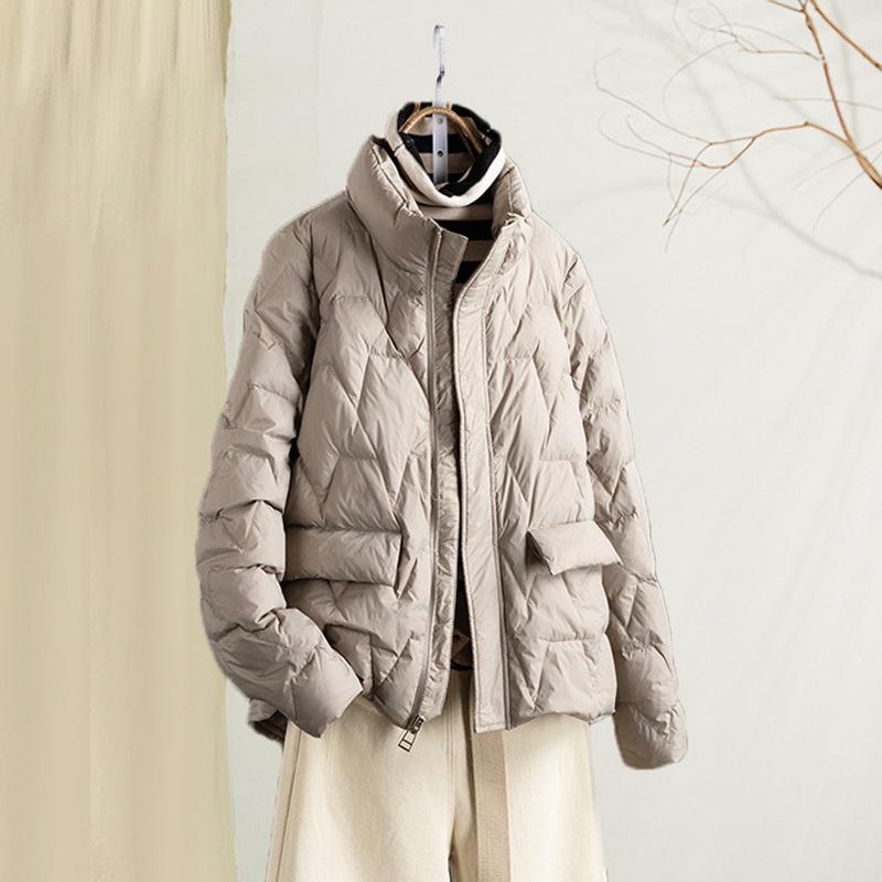 Winter Pure Color Pressing Zipper Stand Up Collar White Duck Down Jacket Women's Coat