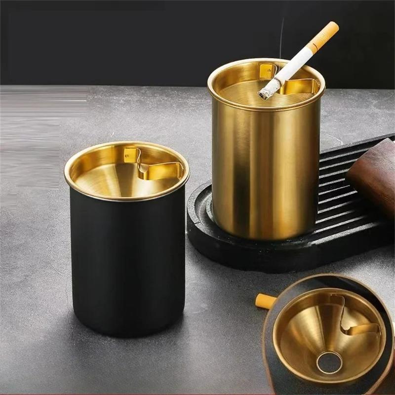 Ashtray Stainless Steel Ashtray With Lid Round Windproof Stainless Steel Smokeless Cigar Ashtray Patio Indoor 1PC