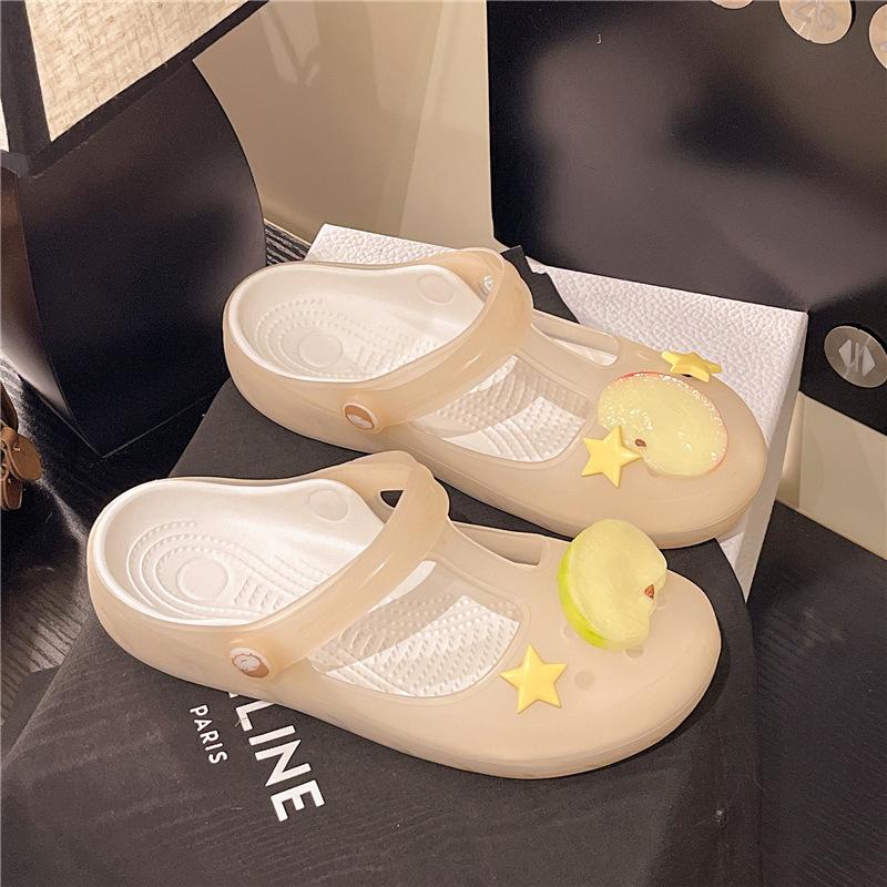 

Баотоу защита стопы прохладные тапочки женские 2025 лето обувь с отверстиями студенческая мода мягкая подошва милые повседневные закрывающие стопу ленивые туфли 40 бежевый